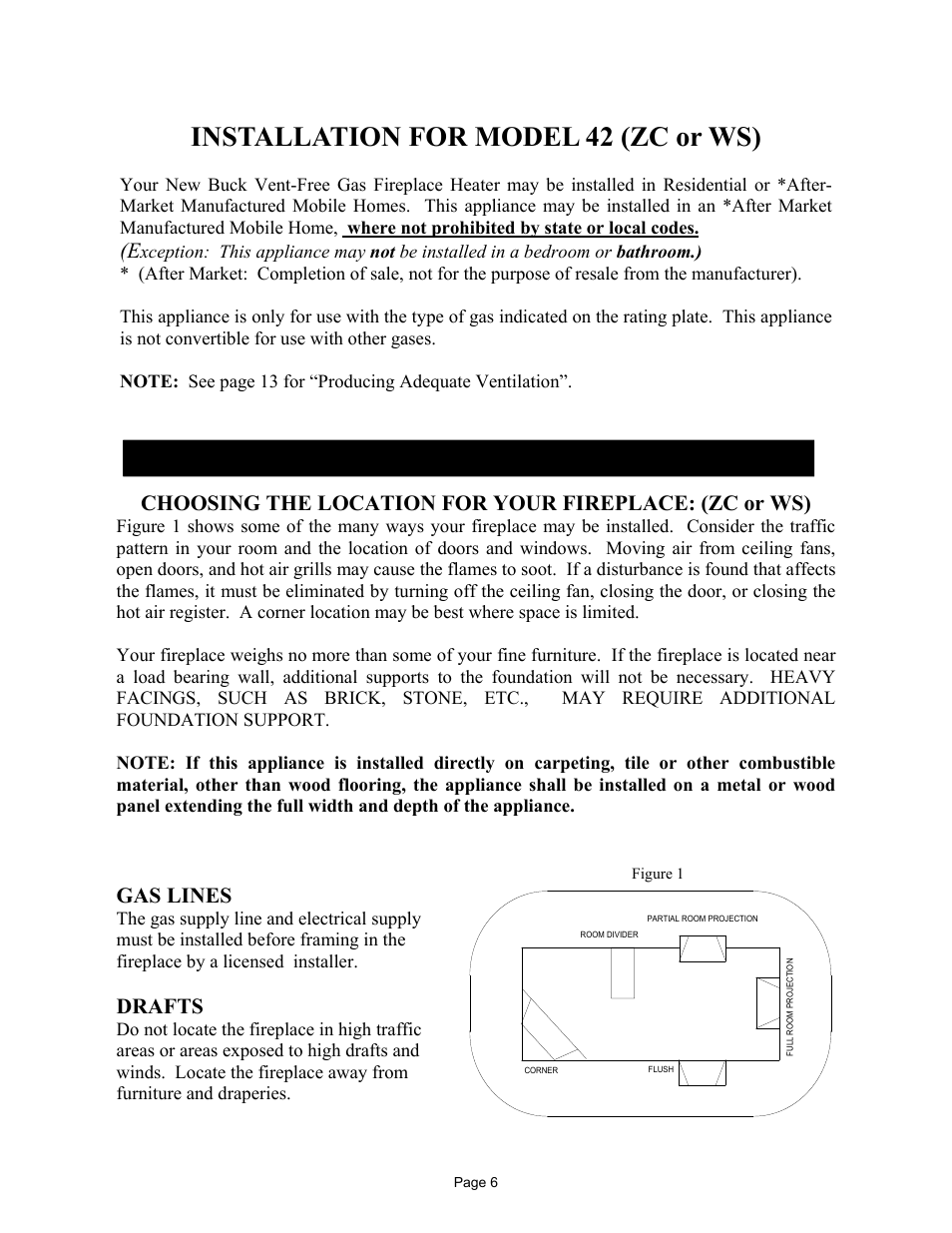 Installation for model 42 (zc or ws), Gas lines, Drafts | New Buck Corporation 42 User Manual | Page 8 / 52