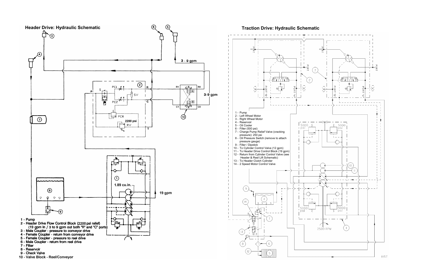 Header drive: hydraulic schematic, Traction drive: hydraulic schematic | MacDon 9352i SP User Manual | Page 155 / 155