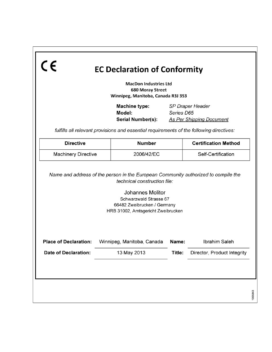 Declaration of conformity | MacDon D65 SP DHOM User Manual | Page 3 / 292