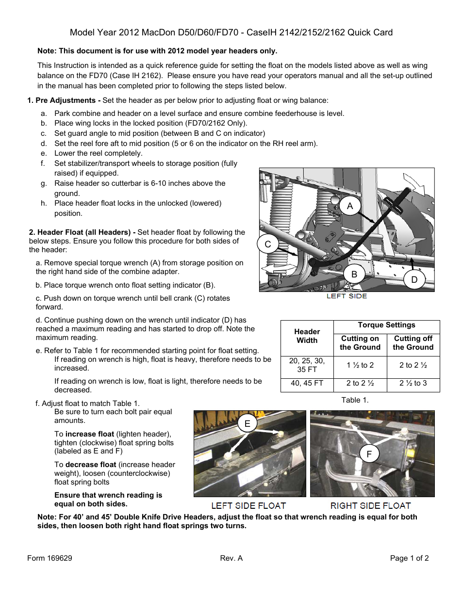 MacDon D50 Quick Card 2012 User Manual | 2 pages