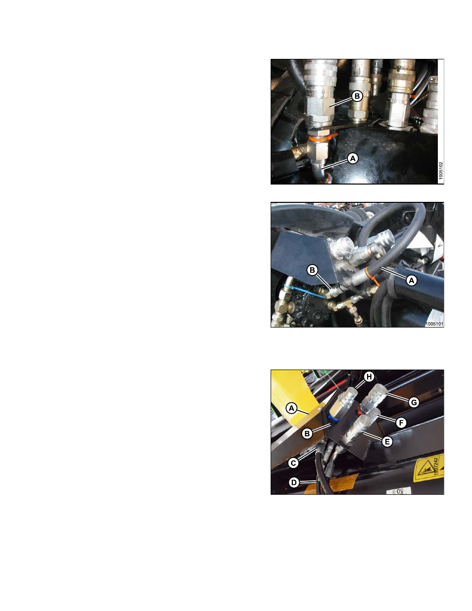 2attaching hydraulics: all headers except 15-foot, Attaching hydraulics: all headers except 15-foot, 2 attaching hydraulics: all headers except 15-foot | Unloading and assembly | MacDon HC10 for D-Series User Manual | Page 55 / 154