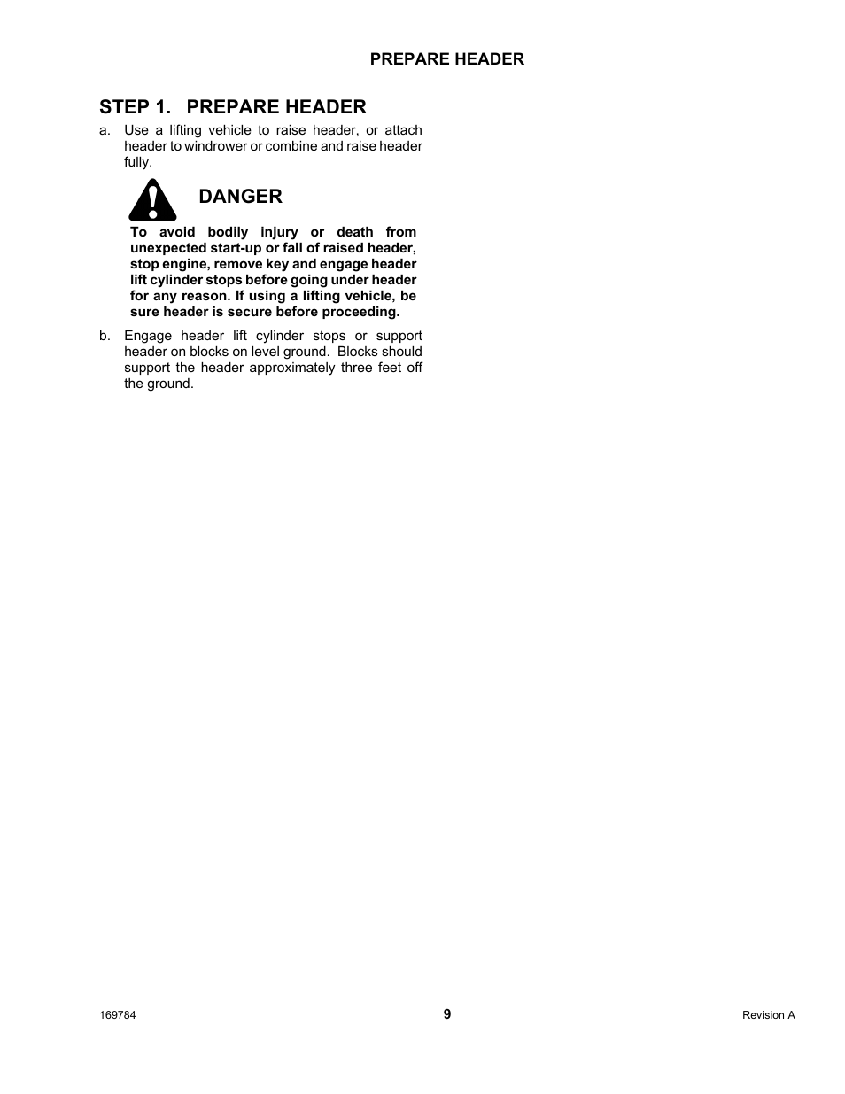 Step 1. prepare header, Danger | MacDon D65 User Manual | Page 11 / 42