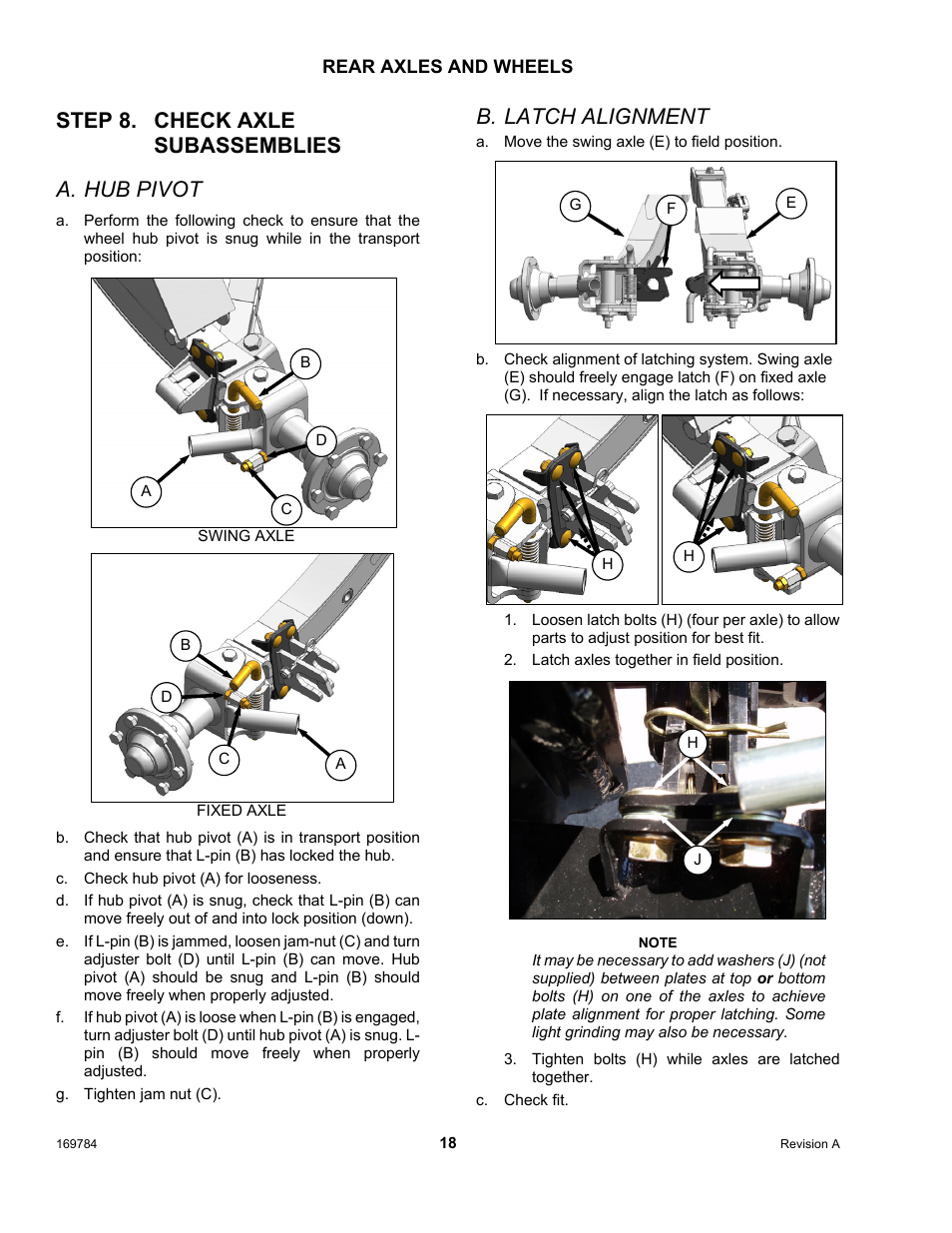 Step 8. check axle subassemblies a. hub pivot, B. latch alignment | MacDon D65 User Manual | Page 20 / 42