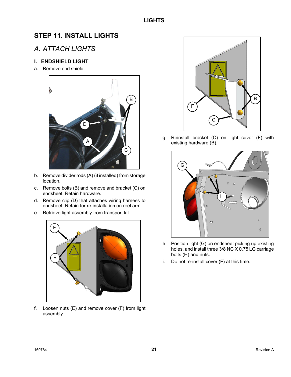 Step 11. install lights a. attach lights | MacDon D65 User Manual | Page 23 / 42