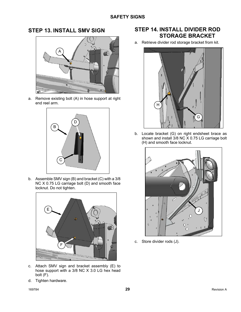 Step 13. install smv sign, Step 14. install divider rod storage bracket | MacDon D65 User Manual | Page 31 / 42
