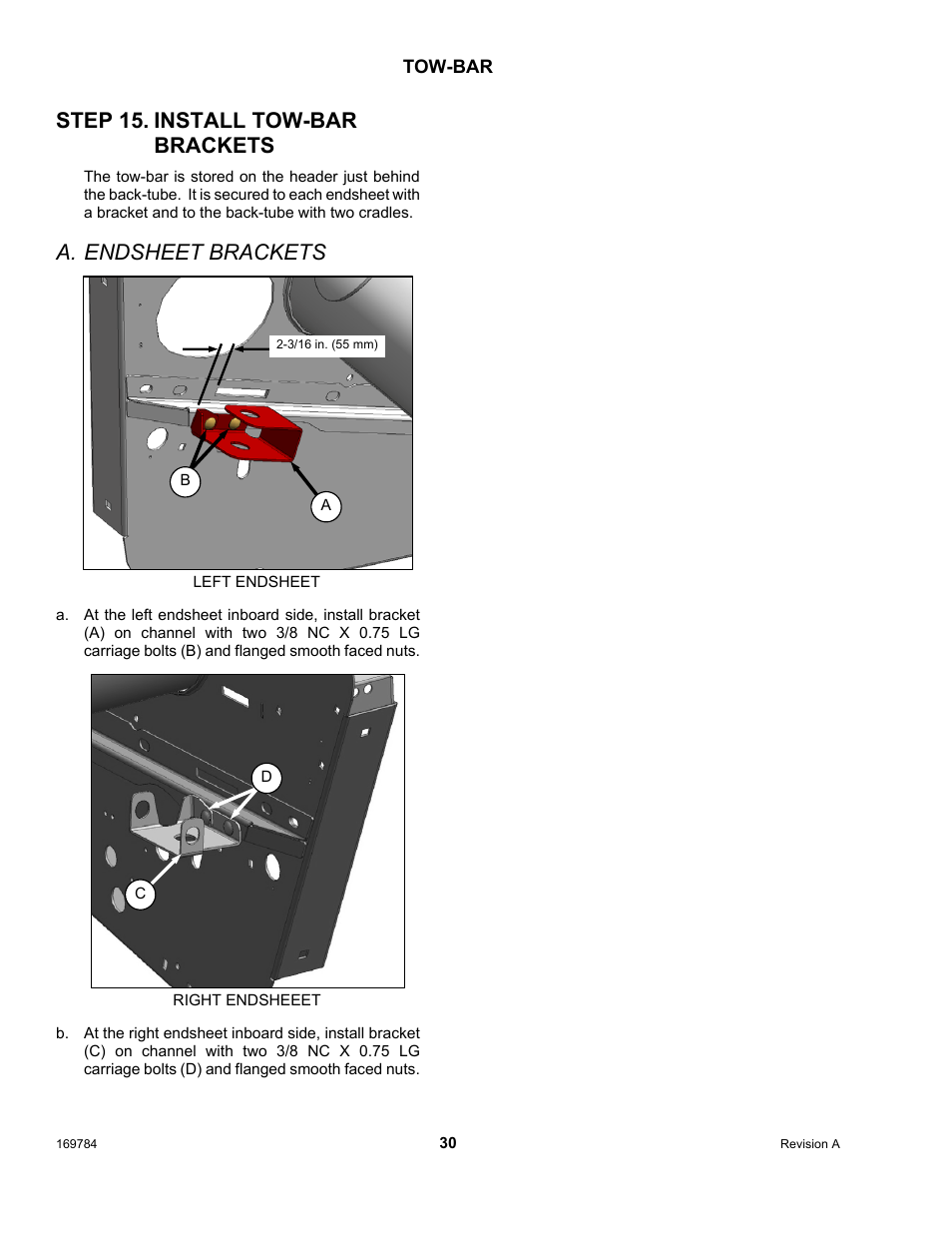 Step 15. install tow-bar brackets, A. endsheet brackets | MacDon D65 User Manual | Page 32 / 42