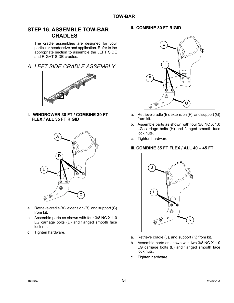 Step 16. assemble tow-bar cradles, A. left side cradle assembly | MacDon D65 User Manual | Page 33 / 42