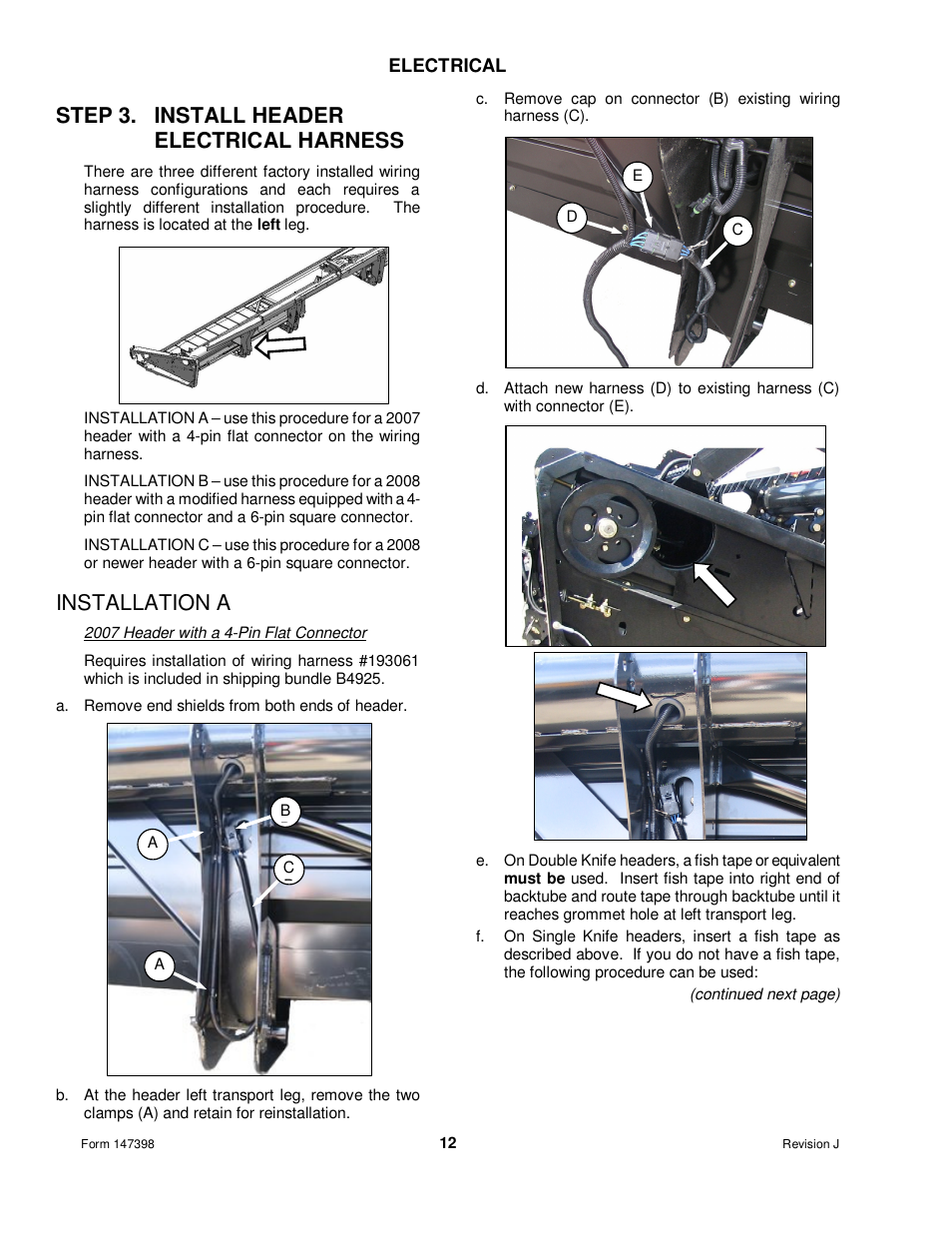 Step 3. install header electrical harness, Installation a | MacDon Transport D60 User Manual | Page 14 / 49