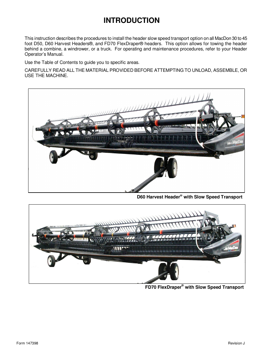 Introduction | MacDon Transport D60 User Manual | Page 2 / 49