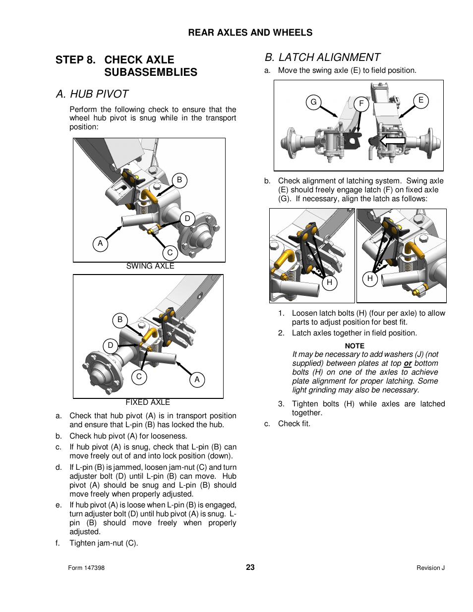 Step 8. check axle subassemblies a. hub pivot, B. latch alignment | MacDon Transport D60 User Manual | Page 25 / 49