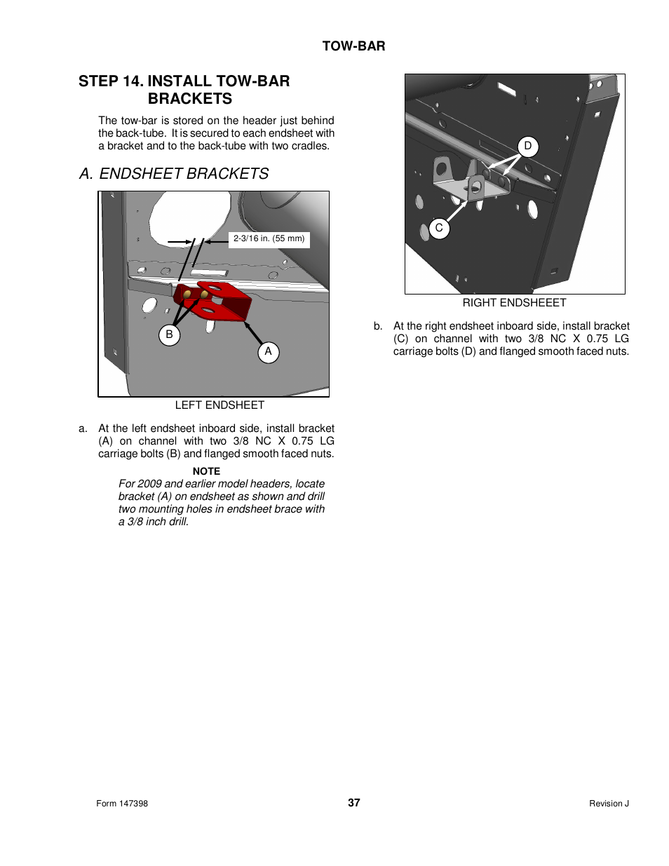 Step 14. install tow-bar brackets, A. endsheet brackets | MacDon Transport D60 User Manual | Page 39 / 49