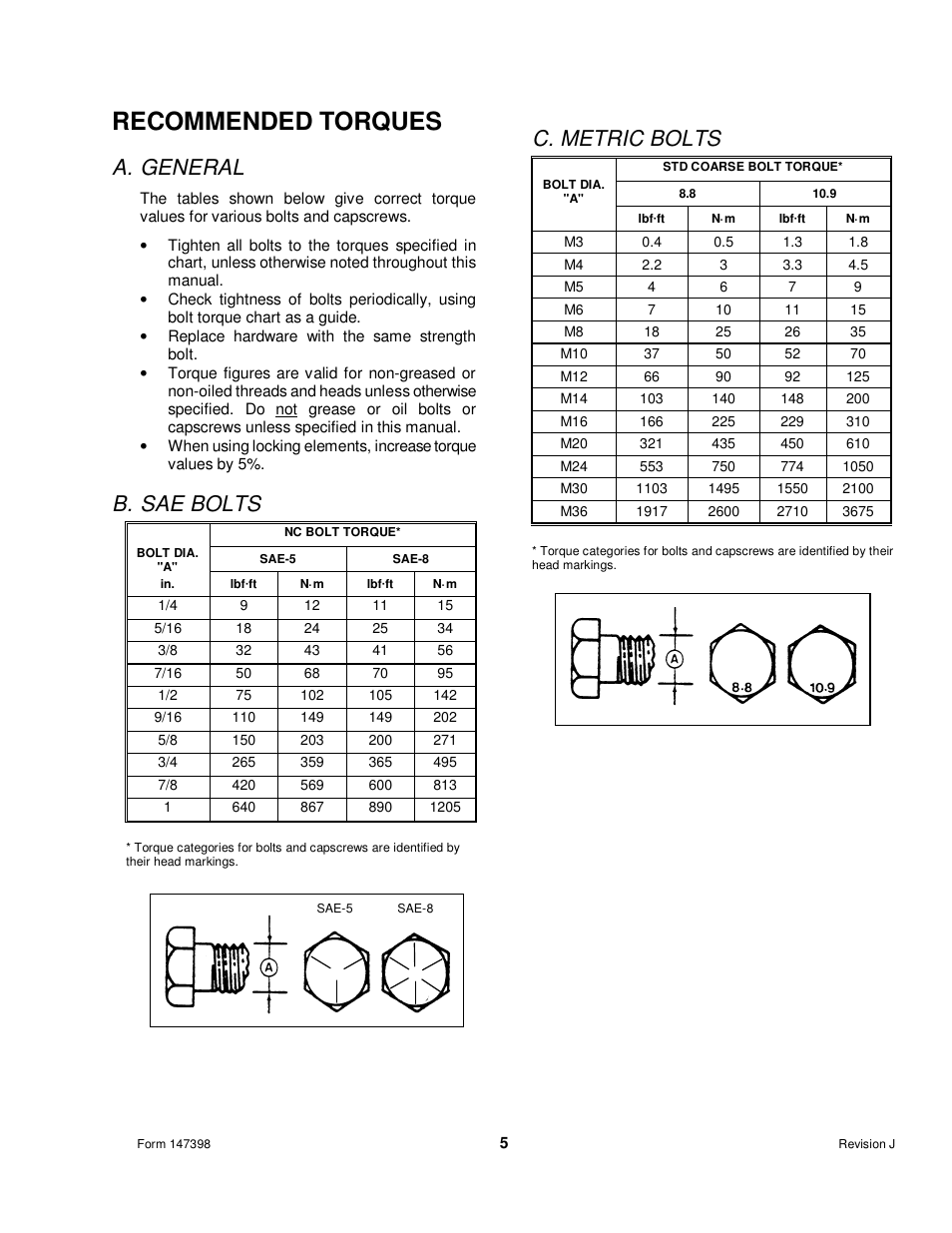 Recommended torques, A. general, B. sae bolts | C. metric bolts | MacDon Transport D60 User Manual | Page 7 / 49