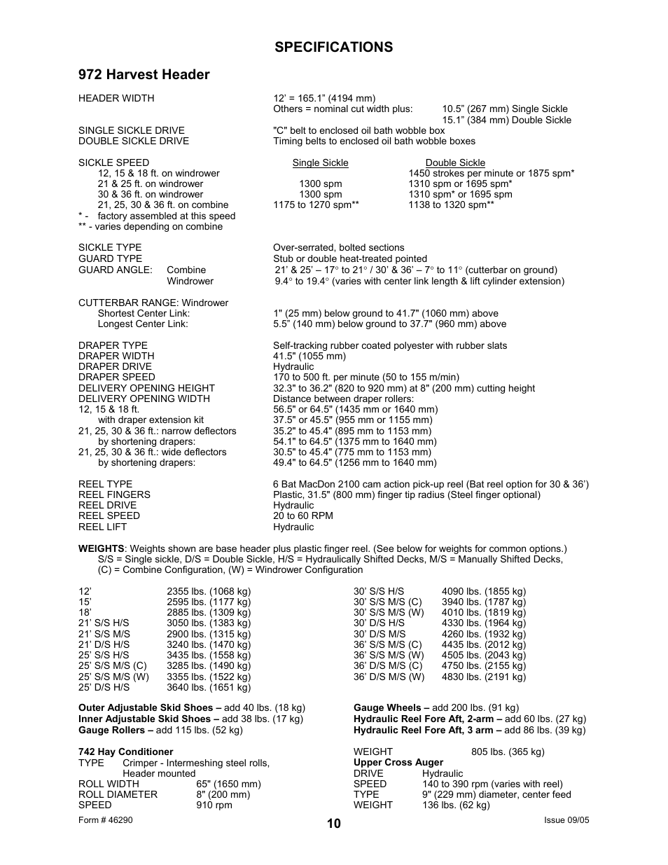 Specifications, 972 harvest header | MacDon 742 HAY CONDITIONER User Manual | Page 12 / 124