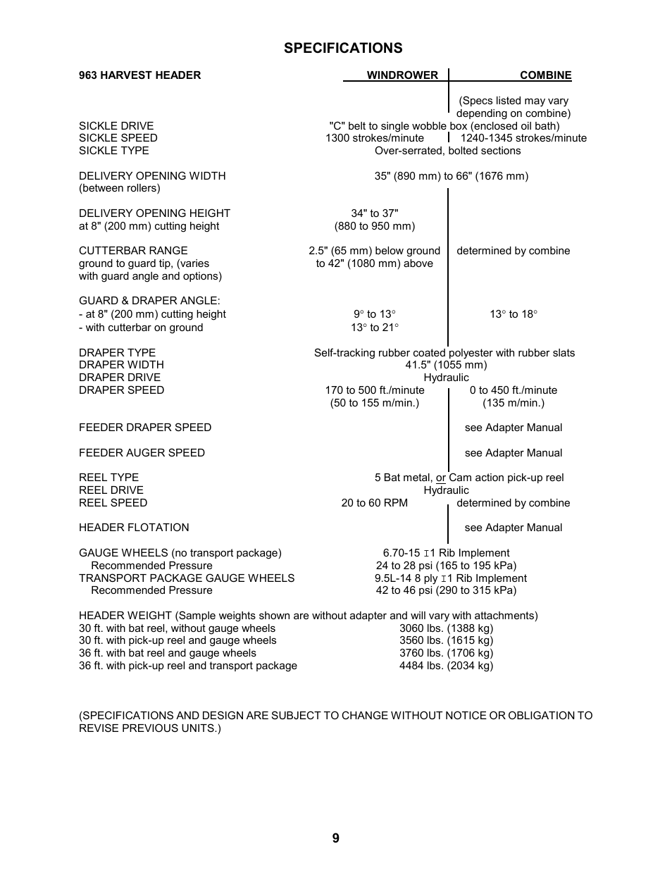 Specifications | MacDon 963 Harvest Header User Manual | Page 10 / 87