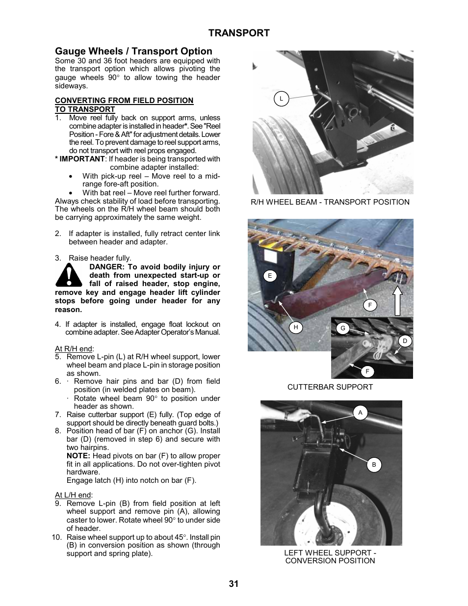 Transport, Gauge wheels / transport option | MacDon 963 Harvest Header User Manual | Page 32 / 87