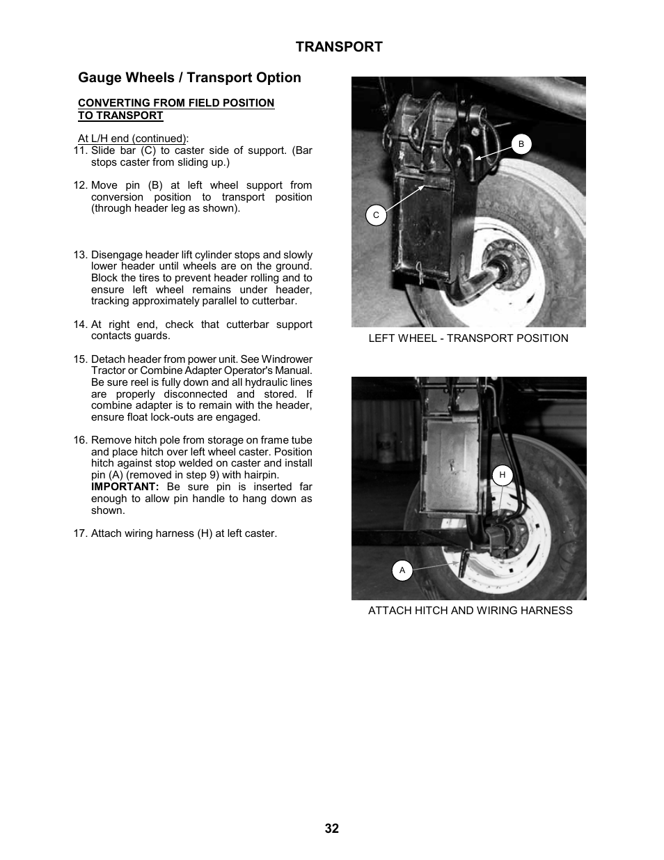 Transport gauge wheels / transport option | MacDon 963 Harvest Header User Manual | Page 33 / 87