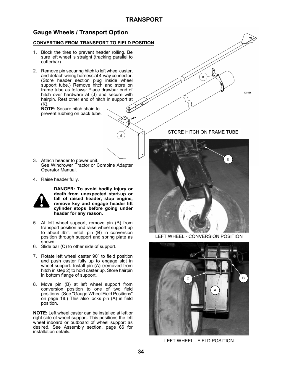Transport gauge wheels / transport option | MacDon 963 Harvest Header User Manual | Page 35 / 87