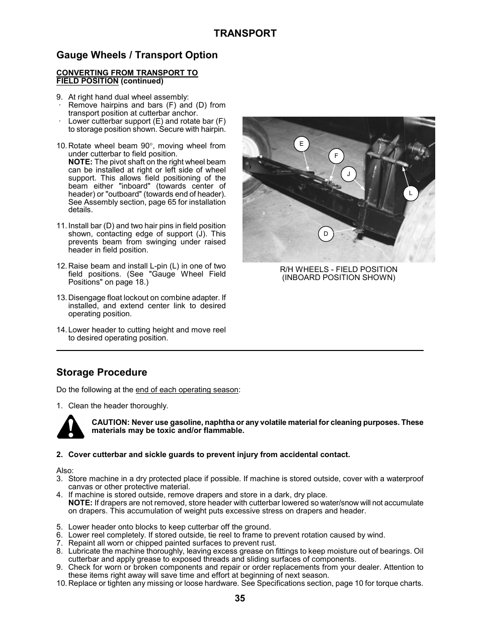 Transport gauge wheels / transport option, Storage procedure | MacDon 963 Harvest Header User Manual | Page 36 / 87