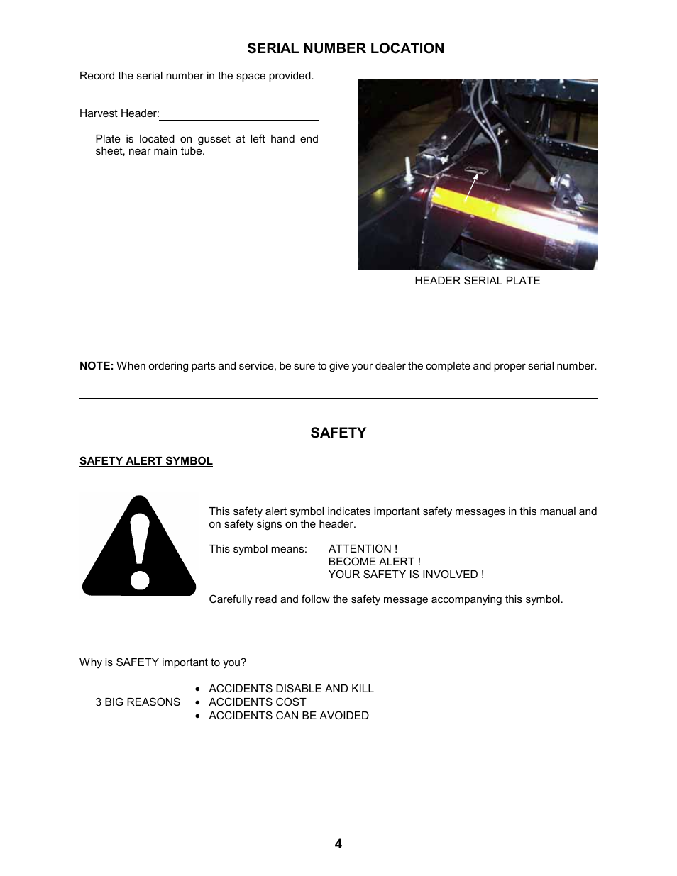Serial number location, Safety | MacDon 963 Harvest Header User Manual | Page 5 / 87