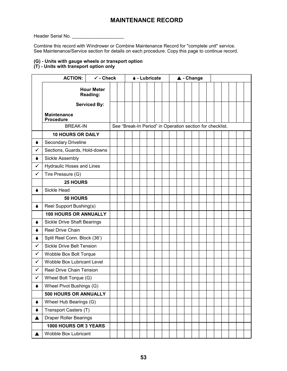 Maintenance record | MacDon 963 Harvest Header User Manual | Page 54 / 87