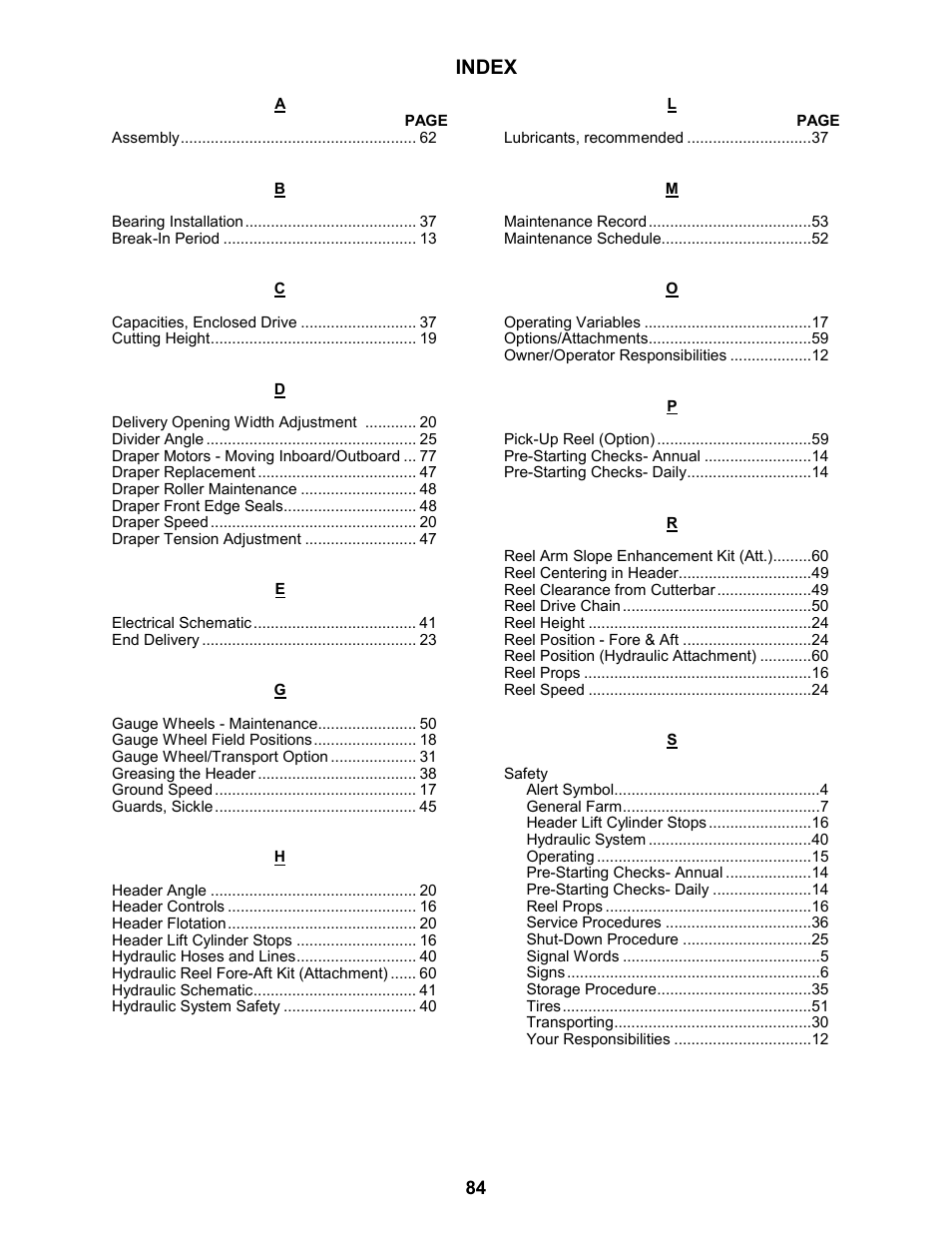 Index | MacDon 963 Harvest Header User Manual | Page 85 / 87
