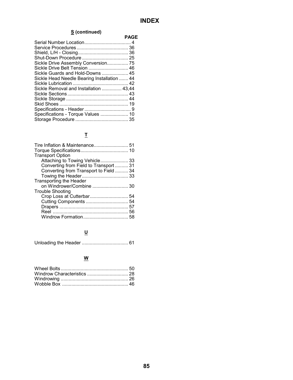 Index | MacDon 963 Harvest Header User Manual | Page 86 / 87