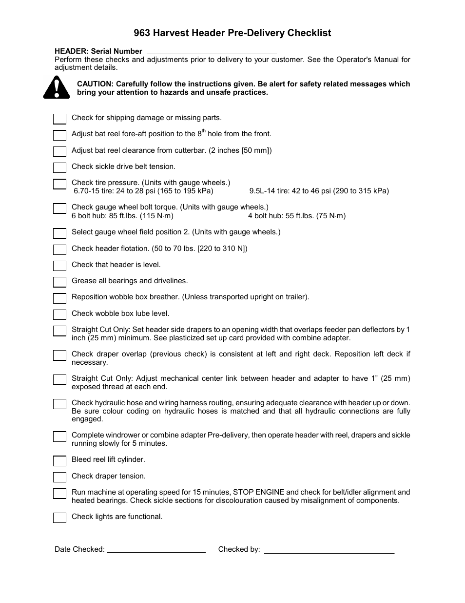 963 harvest header pre-delivery checklist | MacDon 963 Harvest Header User Manual | Page 87 / 87