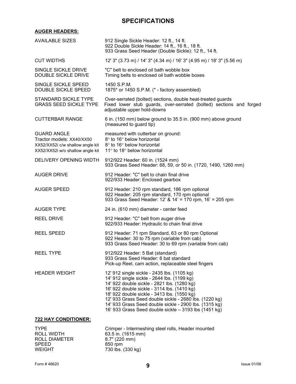 Specifications | MacDon 922 User Manual | Page 11 / 84
