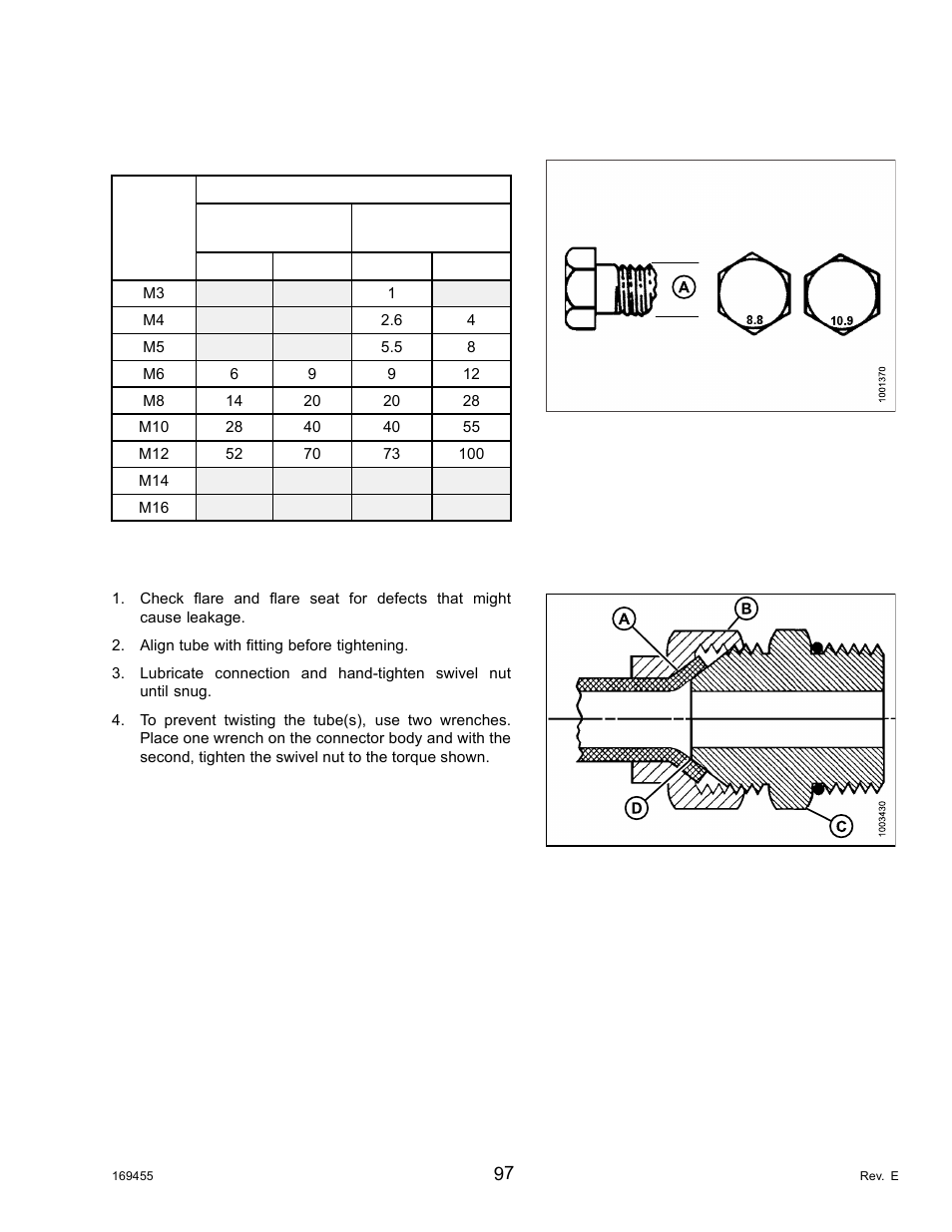 4flare-type hydraulic fittings, Table 7.9 metric bolt bolting into cast aluminum, Flare-type hydraulic fittings | MacDon R85 Rotary Disc 13 Foot Self-Propelled Windrower Header User Manual | Page 105 / 168