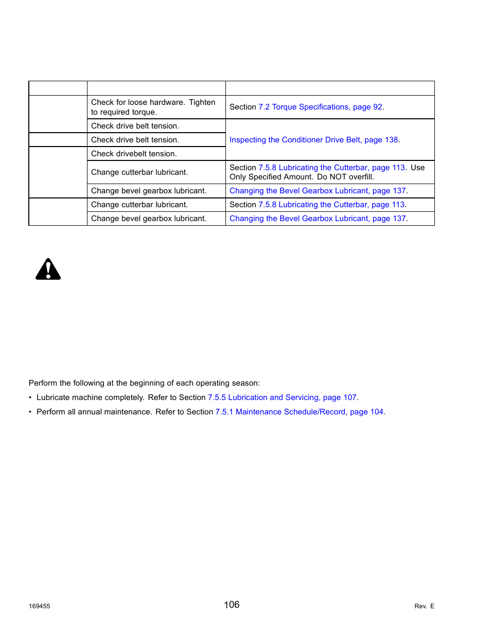2break-in inspections, 3preseason/annual service, Break-in inspections | Preseason/annual service, Caution | MacDon R85 Rotary Disc 13 Foot Self-Propelled Windrower Header User Manual | Page 114 / 168