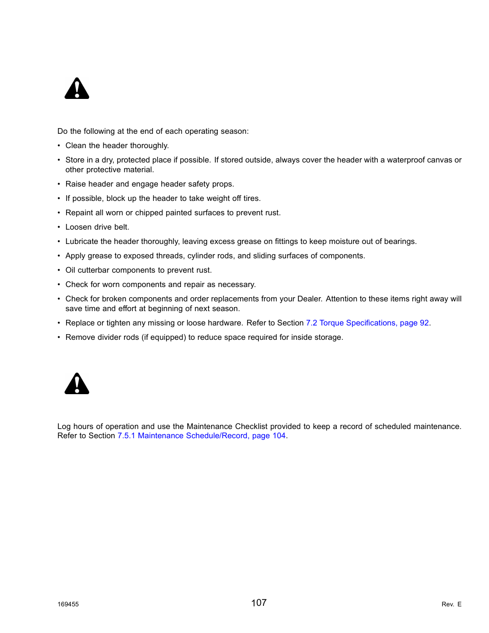 4end-of-season service, 5lubrication and servicing, End-of-season service | Lubrication and servicing, Caution, Warning | MacDon R85 Rotary Disc 13 Foot Self-Propelled Windrower Header User Manual | Page 115 / 168