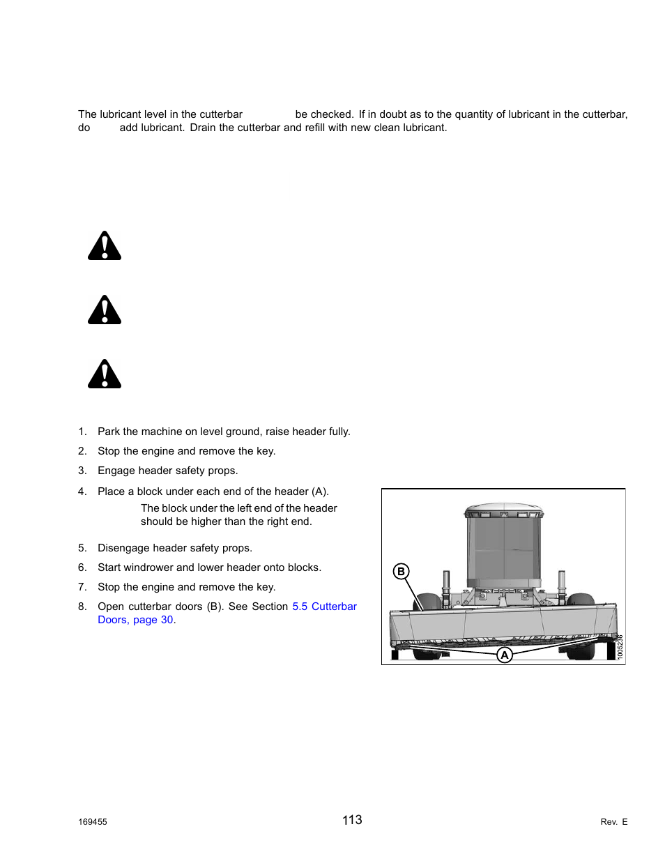 8lubricating the cutterbar, Draining the cutterbar lubricant, Lubricating the cutterbar | 8 lubricating the cutterbar, Important, Danger, Caution | MacDon R85 Rotary Disc 13 Foot Self-Propelled Windrower Header User Manual | Page 121 / 168