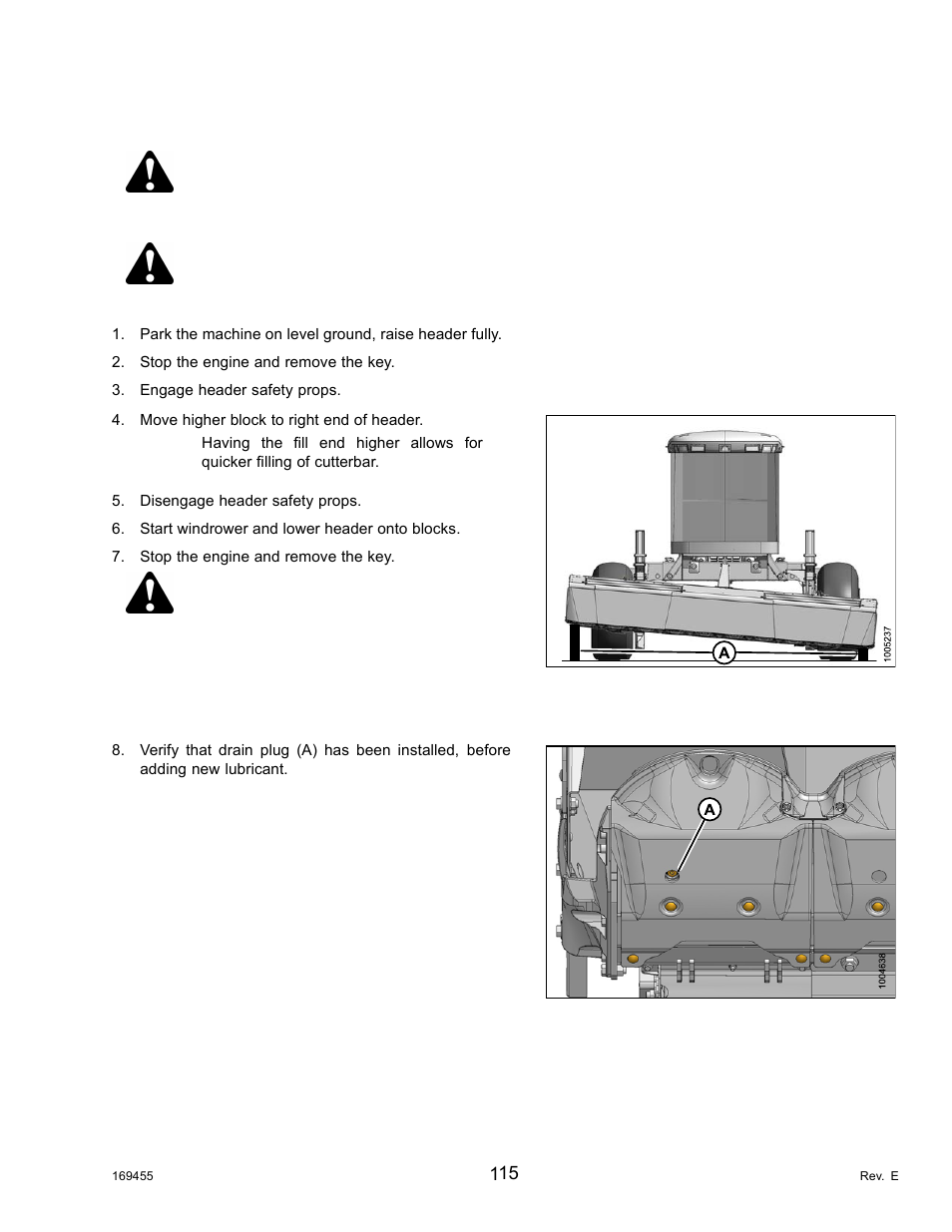 Filling the cutterbar lubricant, Danger, Caution | MacDon R85 Rotary Disc 13 Foot Self-Propelled Windrower Header User Manual | Page 123 / 168
