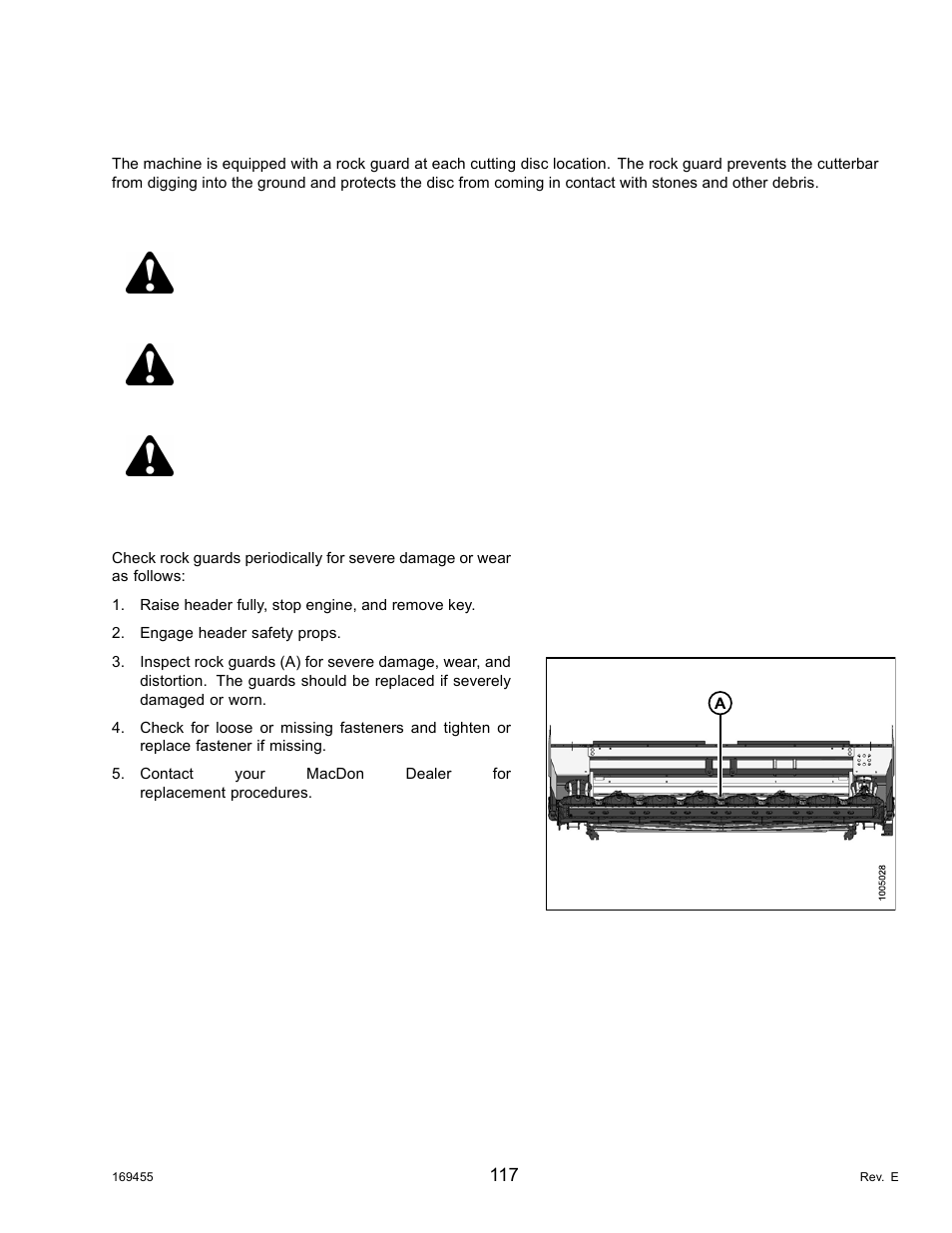 9rock guards, Inspecting the rock guards, Rock guards | Danger, Caution | MacDon R85 Rotary Disc 13 Foot Self-Propelled Windrower Header User Manual | Page 125 / 168