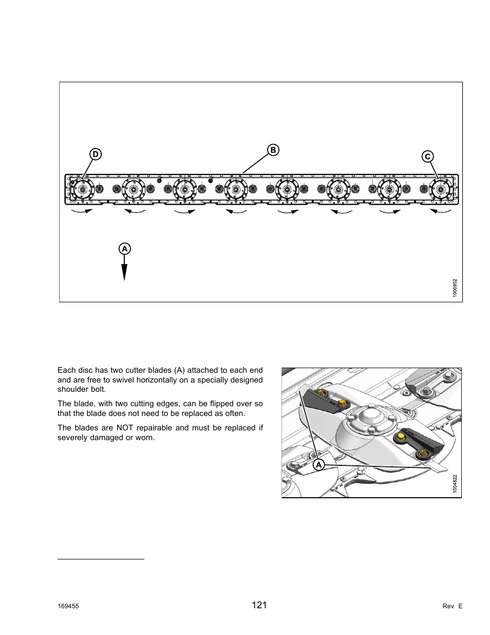 3direction of spindle rotation, 4cutter blades, Direction of spindle rotation | Cutter blades, Important | MacDon R85 Rotary Disc 13 Foot Self-Propelled Windrower Header User Manual | Page 129 / 168