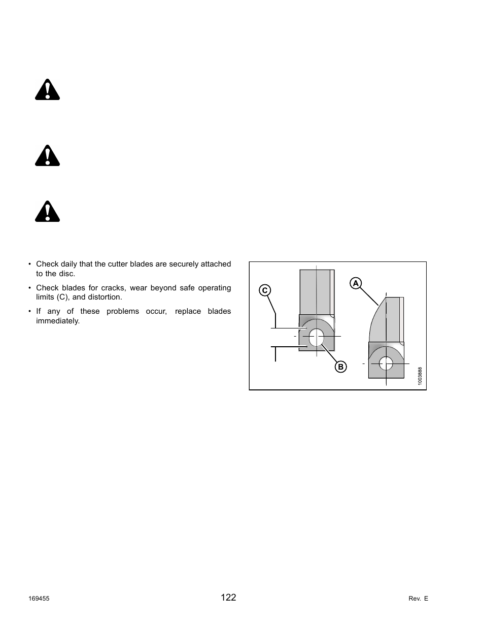 Inspecting cutter blades, Caution, Danger | MacDon R85 Rotary Disc 13 Foot Self-Propelled Windrower Header User Manual | Page 130 / 168