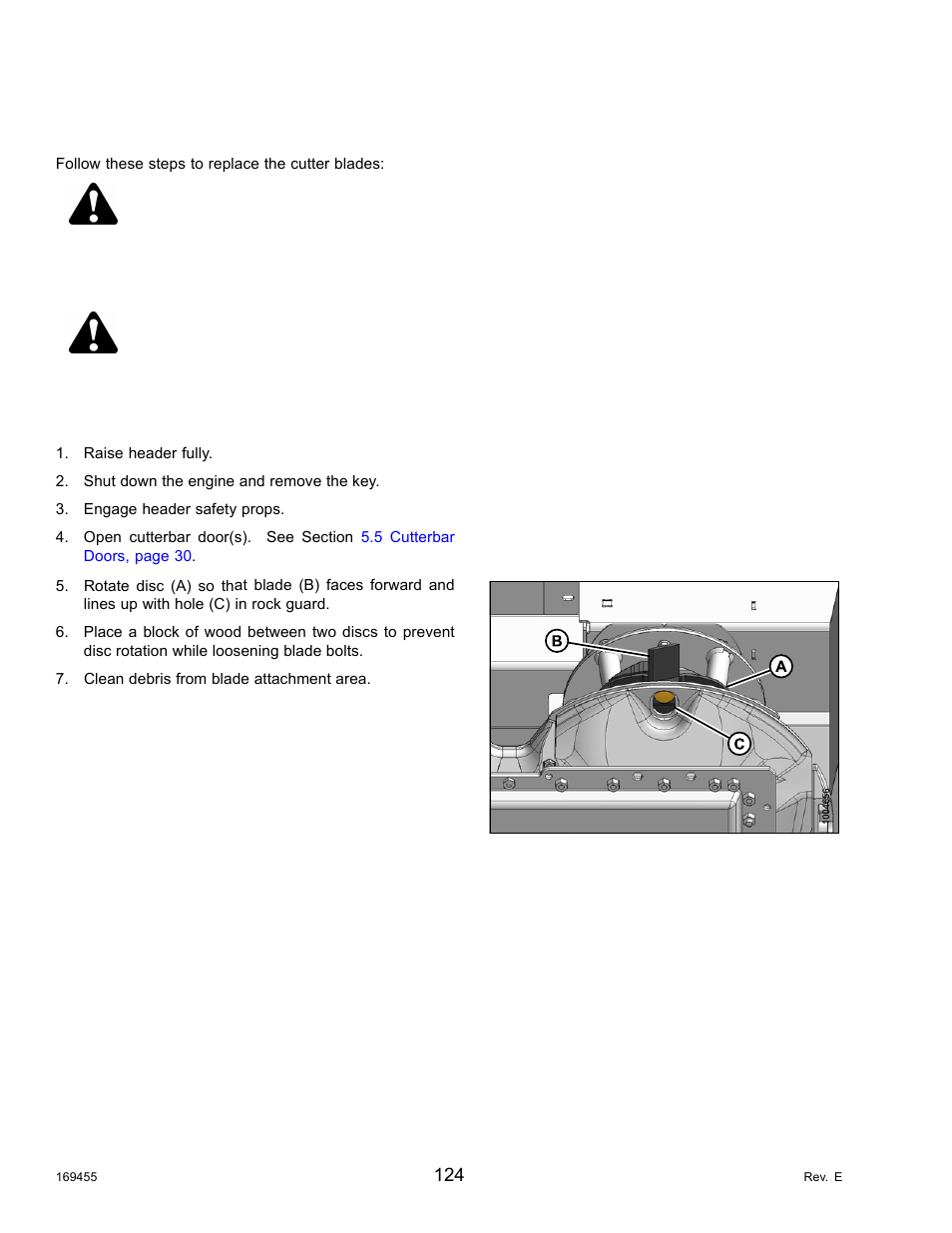 Replacing the cutter blades, Caution, Danger | MacDon R85 Rotary Disc 13 Foot Self-Propelled Windrower Header User Manual | Page 132 / 168