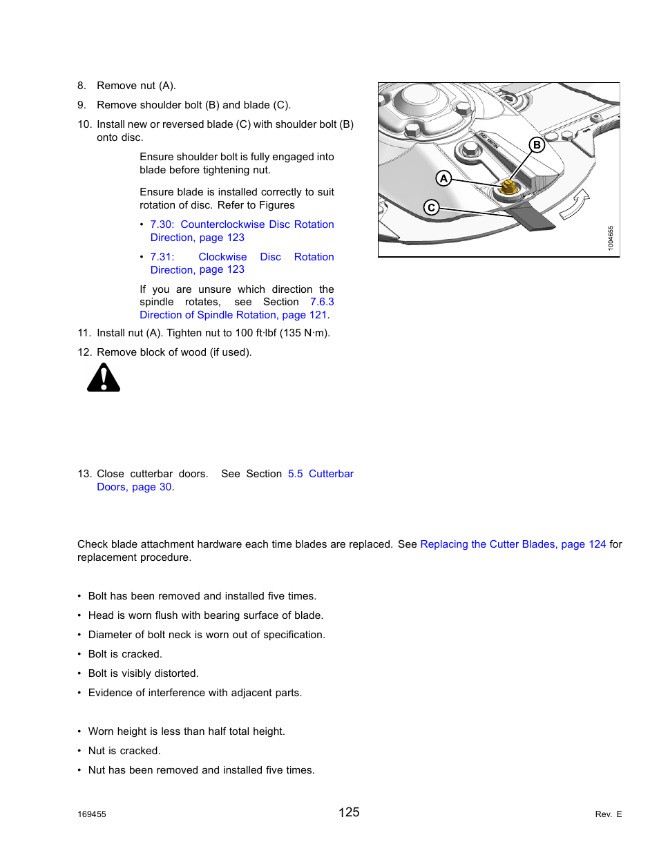 Inspecting cutterbar hardware, Warning | MacDon R85 Rotary Disc 13 Foot Self-Propelled Windrower Header User Manual | Page 133 / 168