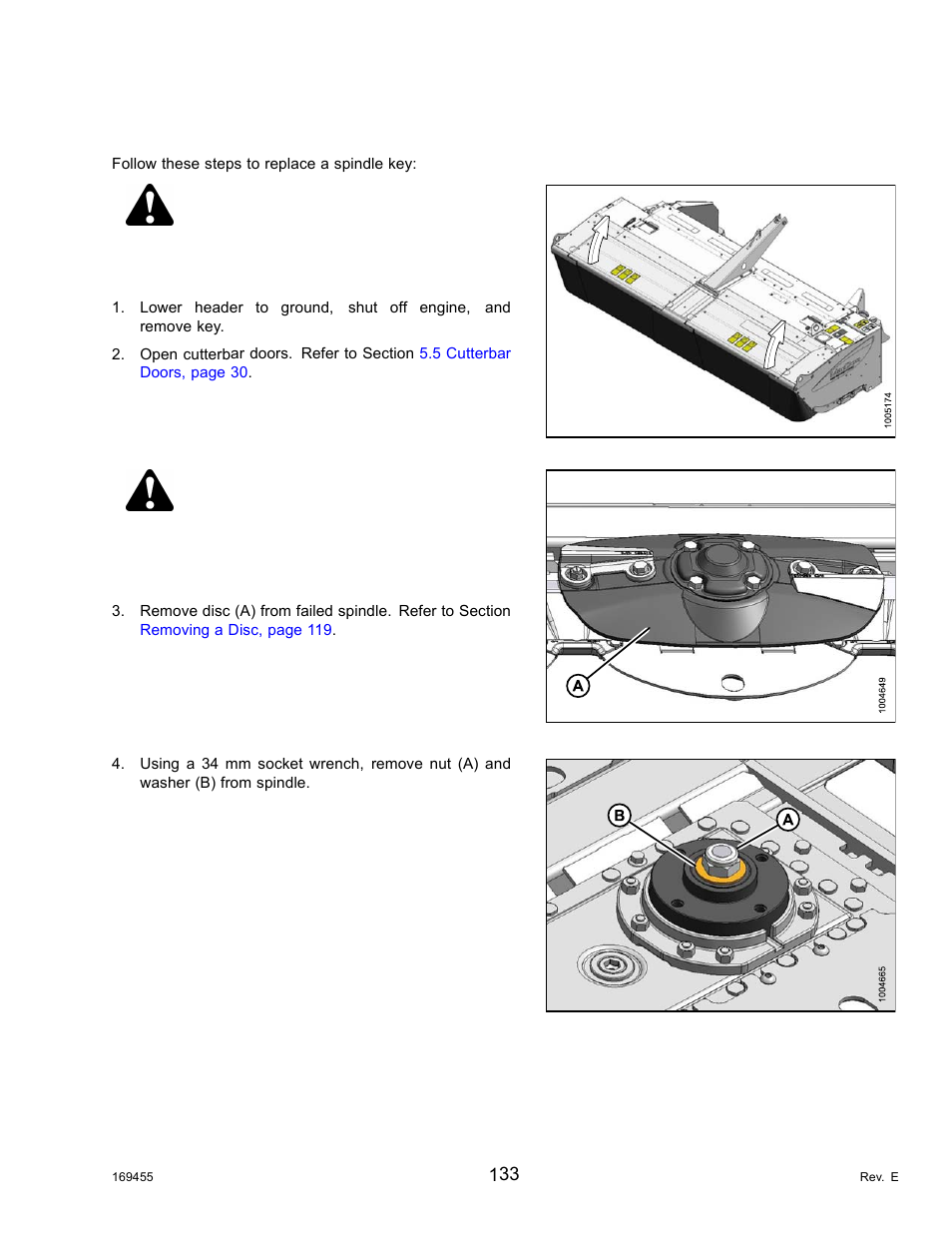 Replacing a spindle key, Danger, Caution | MacDon R85 Rotary Disc 13 Foot Self-Propelled Windrower Header User Manual | Page 141 / 168