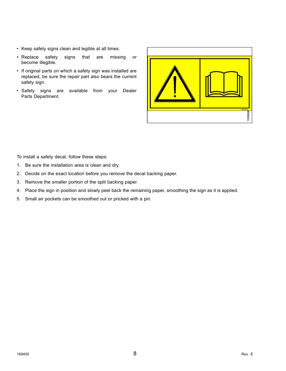 7safety signs, 1installing safety decals, Safety signs | Installing safety decals, 7 safety signs | MacDon R85 Rotary Disc 13 Foot Self-Propelled Windrower Header User Manual | Page 16 / 168