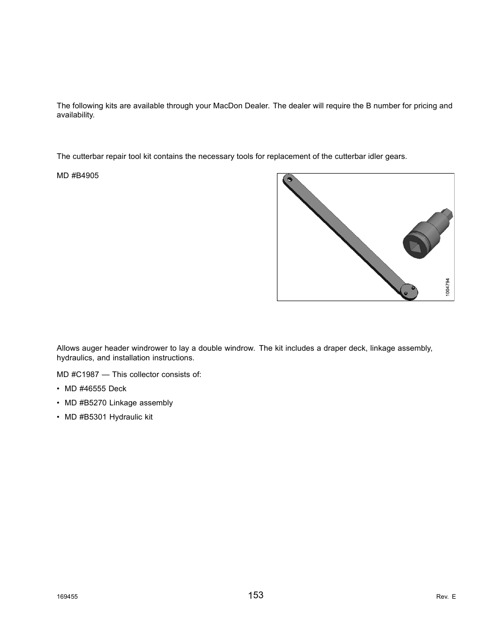 9options and attachments, 1kits, 1cutterbar repair tool kit | 2double windrow attachment (dwa), Options and attachments, Kits, Cutterbar repair tool kit, Double windrow attachment (dwa), 1 kits | MacDon R85 Rotary Disc 13 Foot Self-Propelled Windrower Header User Manual | Page 161 / 168