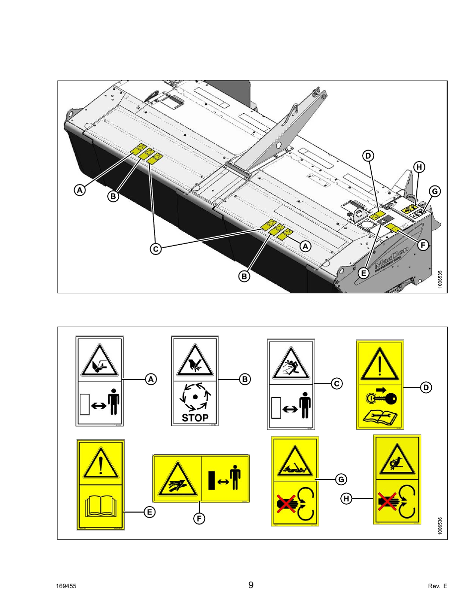 8safety decal location, Safety decal location, 8 safety decal location | Safety | MacDon R85 Rotary Disc 13 Foot Self-Propelled Windrower Header User Manual | Page 17 / 168