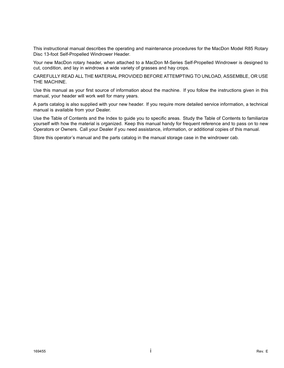 Introduction | MacDon R85 Rotary Disc 13 Foot Self-Propelled Windrower Header User Manual | Page 3 / 168