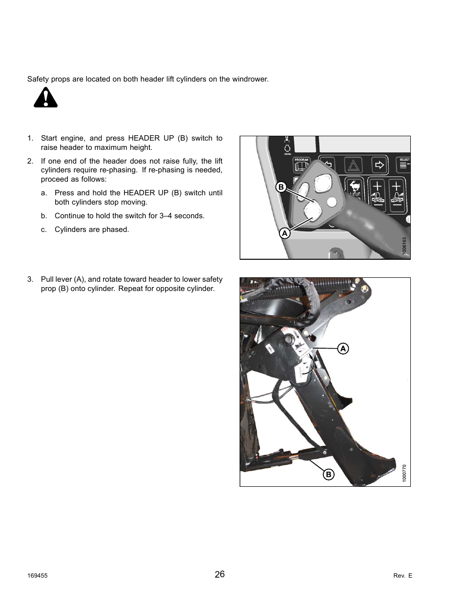 3header safety props, Header safety props, Danger | 3 header safety props | MacDon R85 Rotary Disc 13 Foot Self-Propelled Windrower Header User Manual | Page 34 / 168
