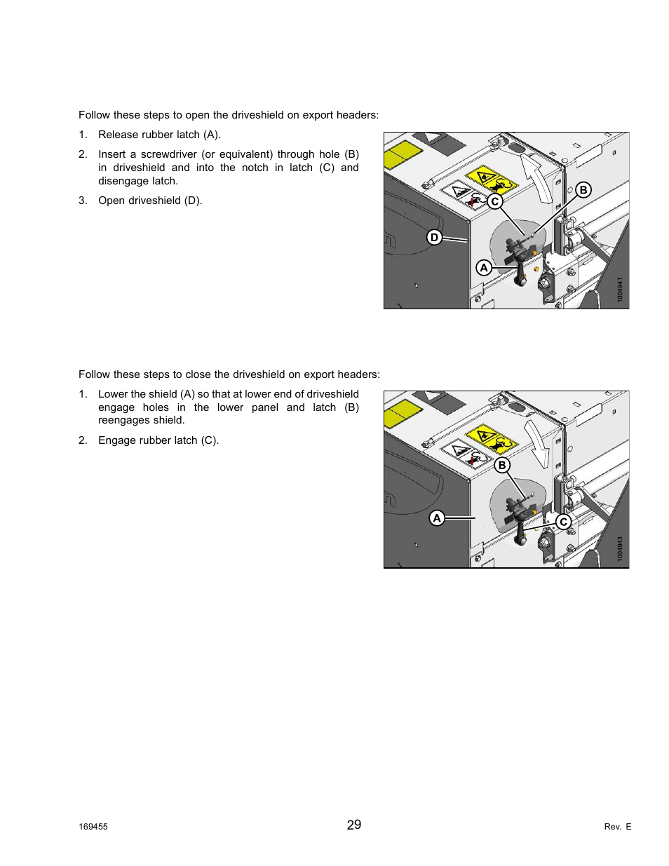 3opening the driveshield: export headers, 4closing the driveshield: export headers, Opening the driveshield: export headers | Closing the driveshield: export headers | MacDon R85 Rotary Disc 13 Foot Self-Propelled Windrower Header User Manual | Page 37 / 168