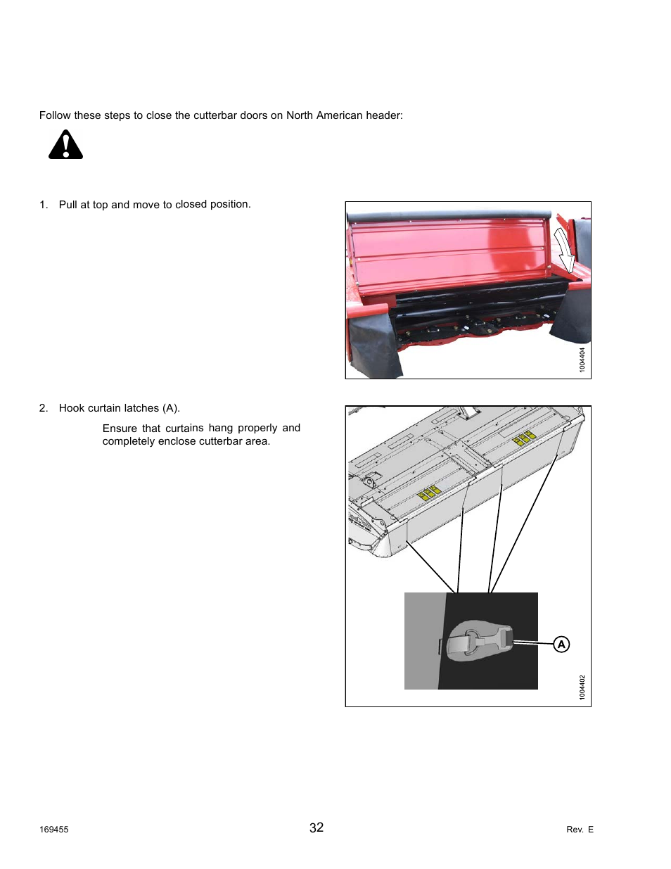 Closing the cutterbar doors: north american header, Caution | MacDon R85 Rotary Disc 13 Foot Self-Propelled Windrower Header User Manual | Page 40 / 168