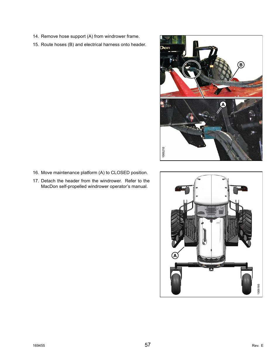 , detaching the header (m205 | MacDon R85 Rotary Disc 13 Foot Self-Propelled Windrower Header User Manual | Page 65 / 168