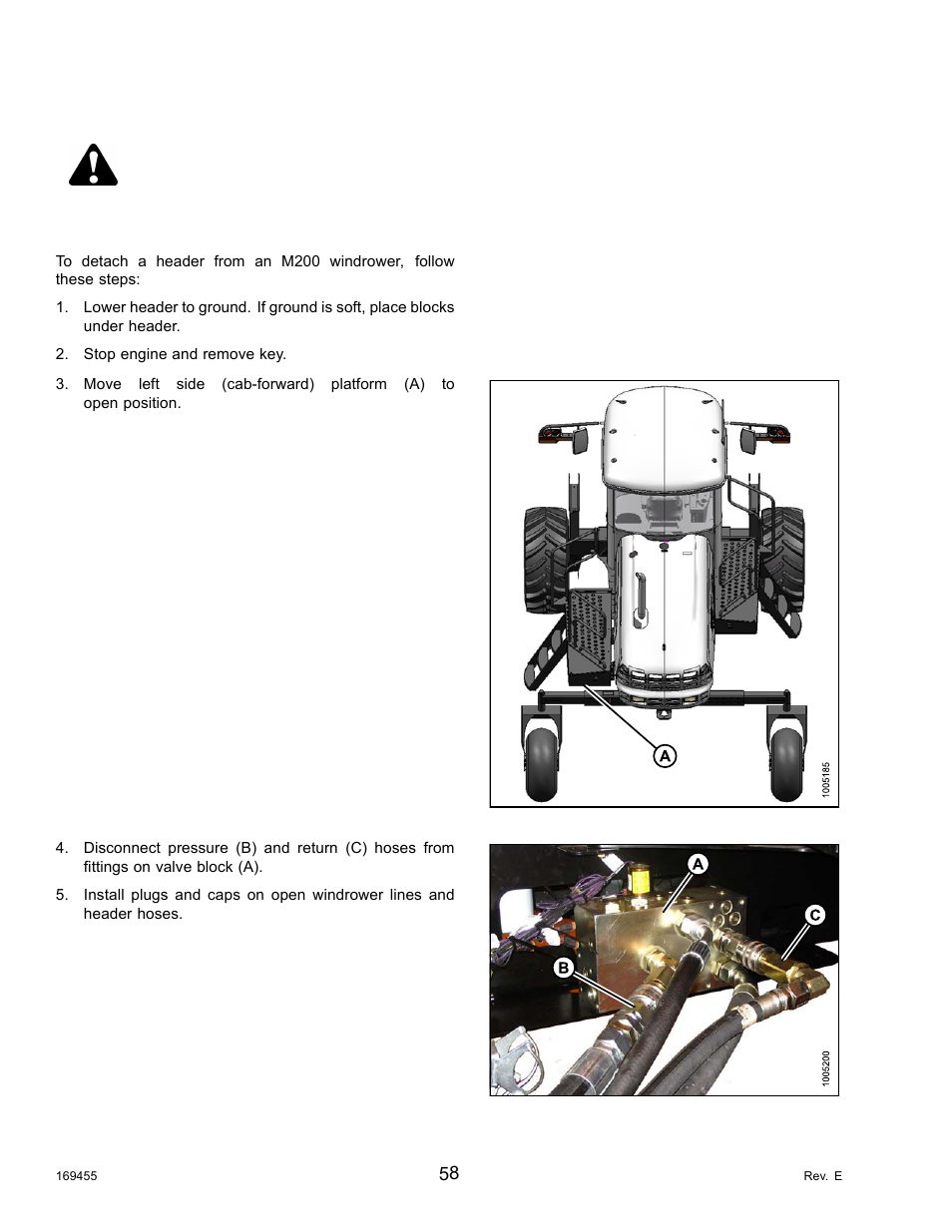 2detaching the header (m200 windrowers), Detaching the header (m200 windrowers), Danger | MacDon R85 Rotary Disc 13 Foot Self-Propelled Windrower Header User Manual | Page 66 / 168