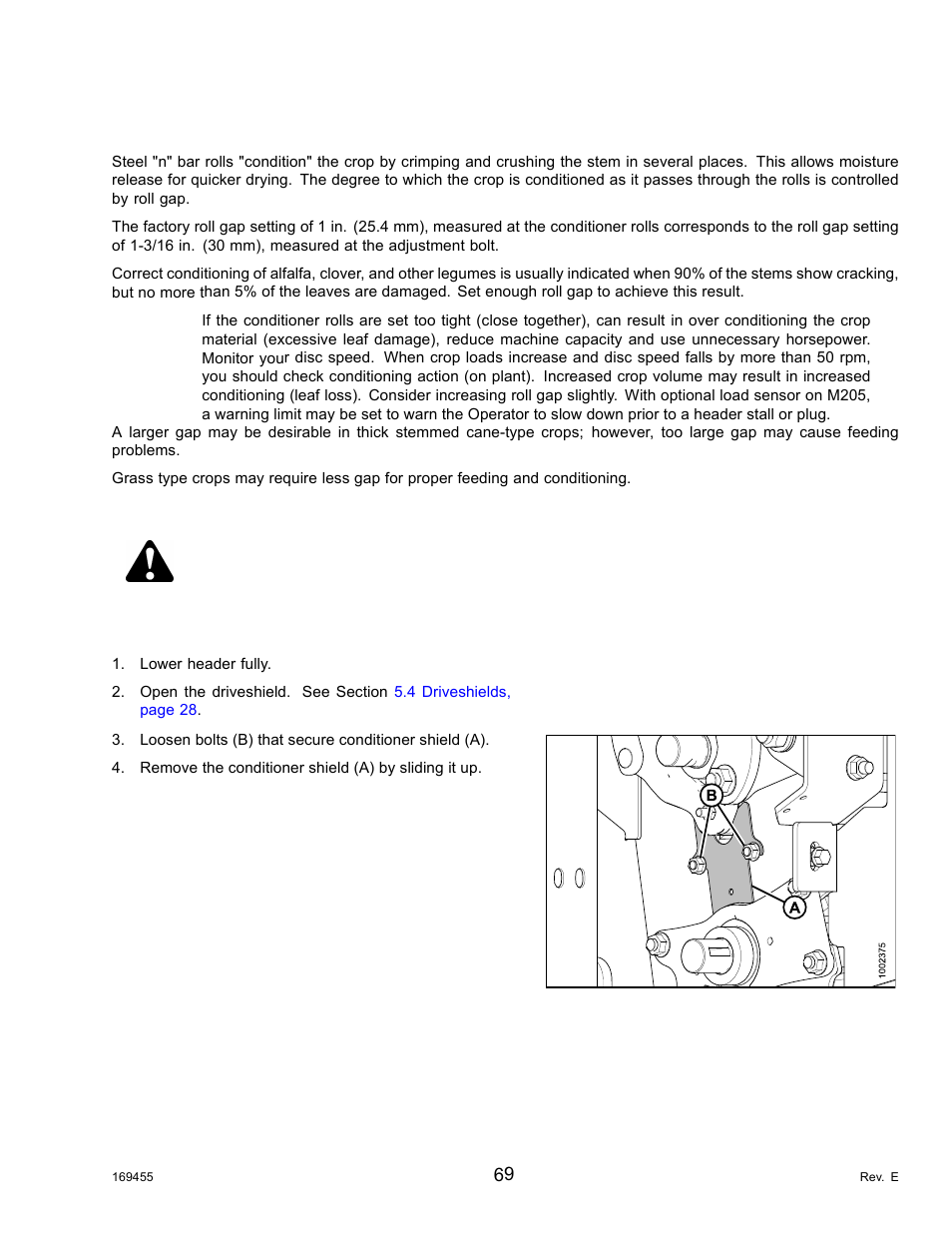 2roll gap, 1checking roll gap, Roll gap | Checking roll gap, Danger, 2 roll gap | MacDon R85 Rotary Disc 13 Foot Self-Propelled Windrower Header User Manual | Page 77 / 168