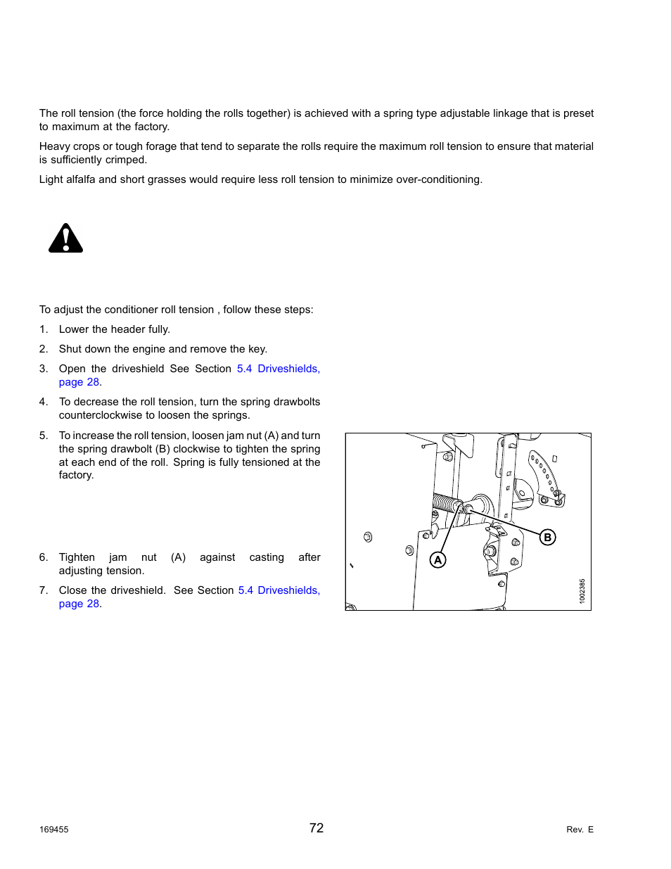 3roll tension, 1adjusting roll tension, Roll tension | Adjusting roll tension, Danger, Important, 3 roll tension | MacDon R85 Rotary Disc 13 Foot Self-Propelled Windrower Header User Manual | Page 80 / 168